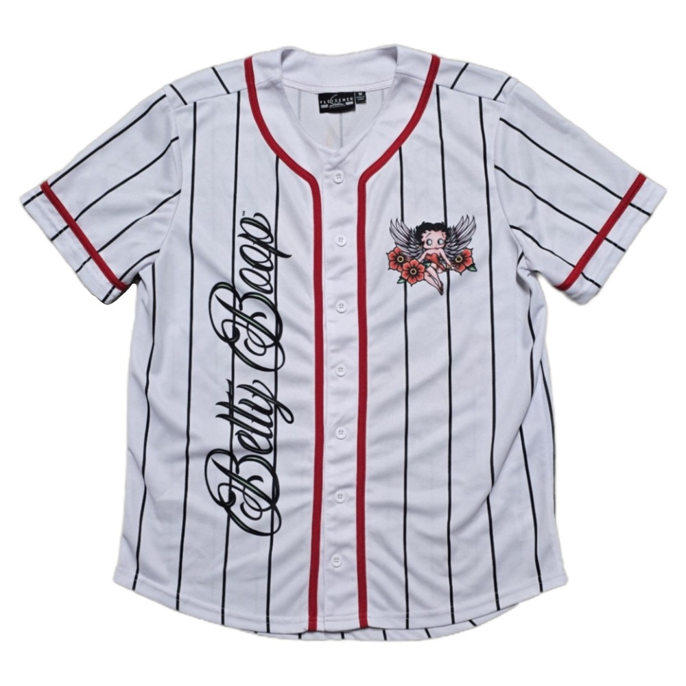 Betty Boop Womens Top Sz Medium White Baseball Jersey Biker Babe‎ Graphic